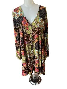 Ces Femme Boho Vibrant Floral Patchwork Long Sleeve Dress - size L